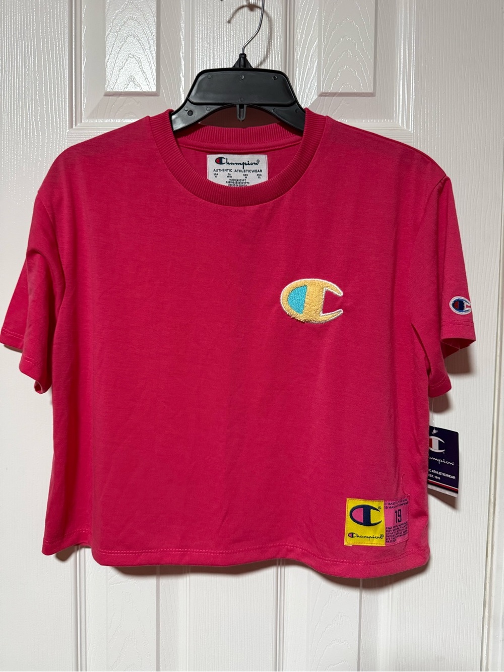 Champion Bright Pink Short-Sleeve Logo Crop Tee